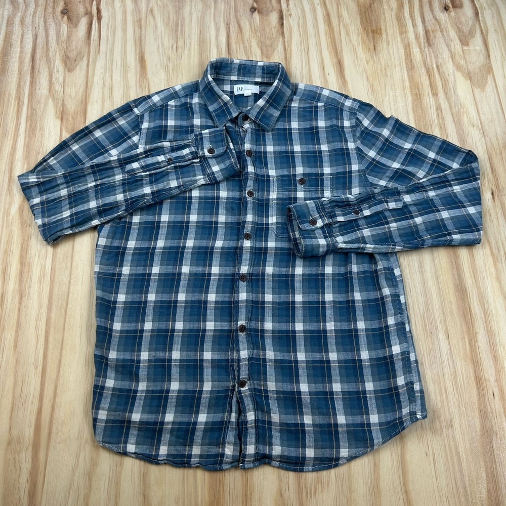 GAP Flannel Shirt Mens Large Untucked Long Sleeve‎ Blue Plaid Cotton Colorful